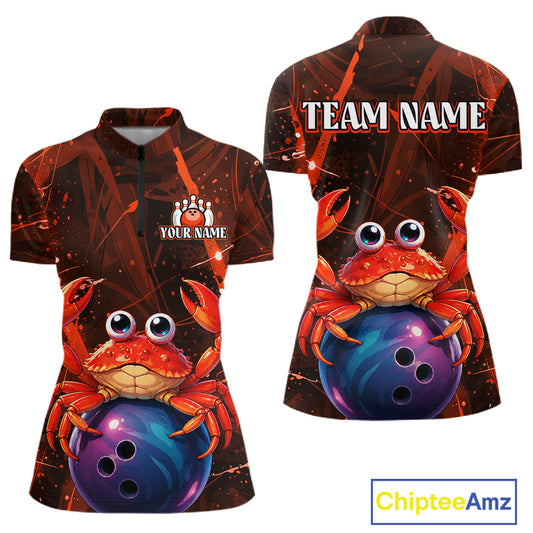 Two bowling shirts with crabs and a bowling ball design, one with 'Your Name' and the other with 'Team Name'.