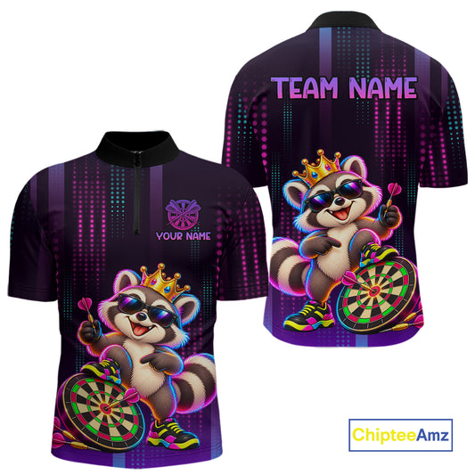 Custom Funny Raccoon Darts Shirt for Men Neon Crown Dart League Jersey Polo & Quarter-Zip DHT81