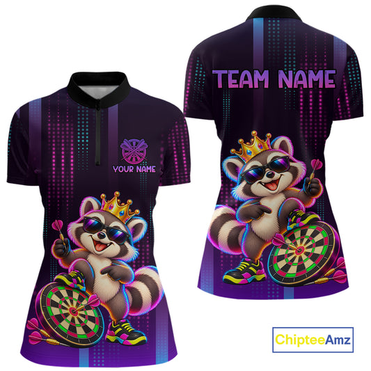 Custom Funny Raccoon Darts Shirt for Women Neon Crown Dart League Jersey Polo & Quarter-Zip DHT81