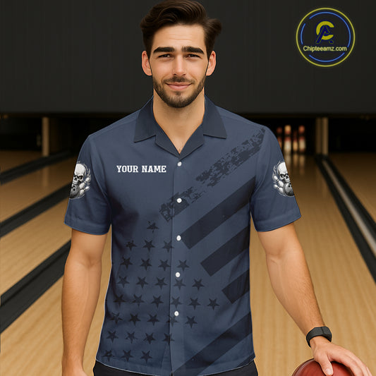 Custom American Flag Skull Bowling Hawaiian Shirt for Men Women Navy Blue Bowling Jersey QZT1262