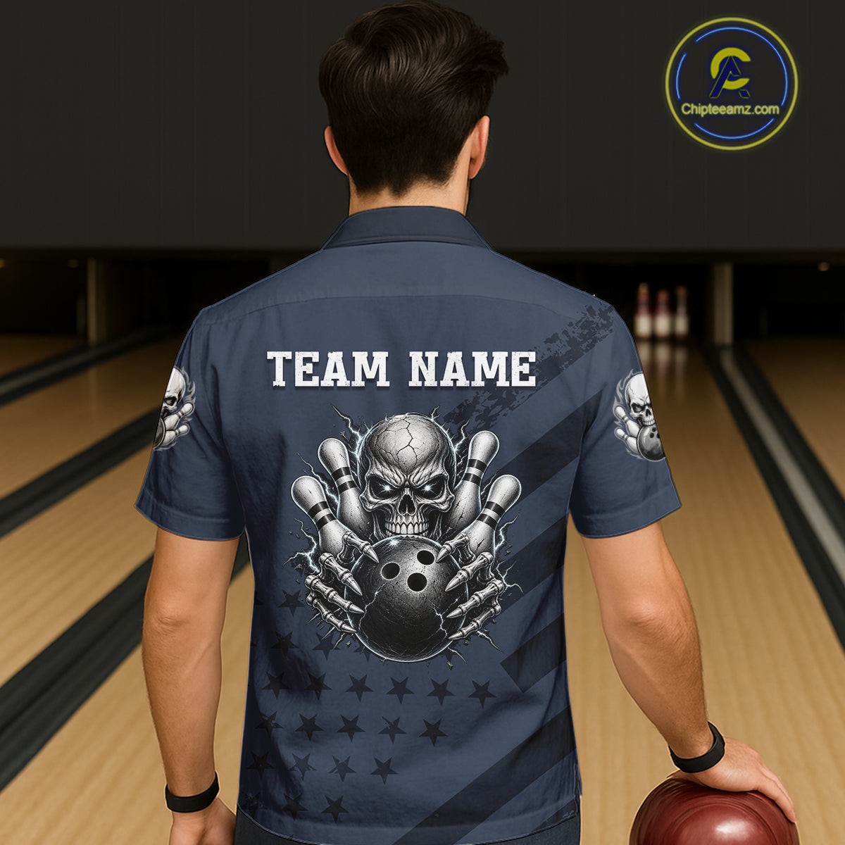 Custom American Flag Skull Bowling Hawaiian Shirt for Men Women Navy Blue Bowling Jersey QZT1262