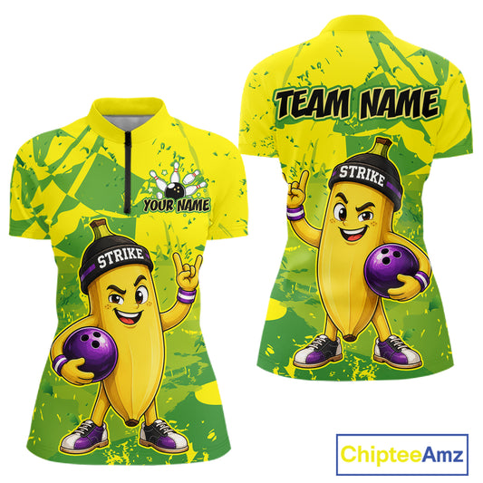 Front and back view custom yellow banana bowling quarter-zip shirt featuring a funny cartoon fruit, bowling ball and green camouflage pattern, displaying Your Name and Team Name