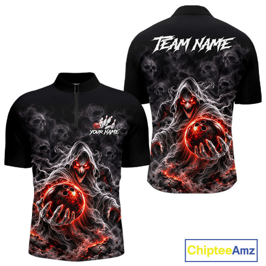 Custom Ghost Bowling Team Shirt for Men Black & Red Skull Bowling League Jersey Polo & 1/4-Zip QZT1348