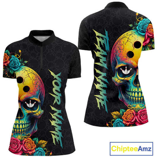 Funny Sugar Skull Bowling Shirt for Women Custom Bowling Jersey Polo & Quarter-Zip QZT1353