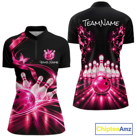 Custom Pink Butterflies Ribbon Bowling Shirt for Women Breast Cancer Bowling Jersey QZT1355