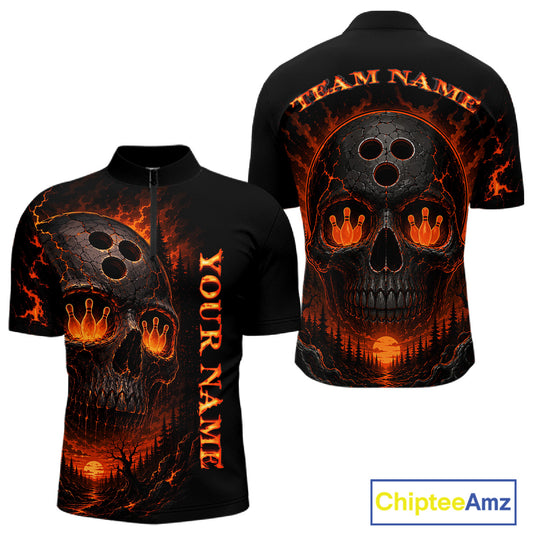 Black shirt with fiery skull design and customizable text on a white background