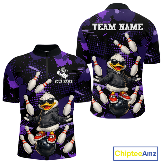 Custom Purple Funny Duck Bowling Shirt for Men Bowling Jersey Polo & 1/4 Zip Bowling Outfit QZT943
