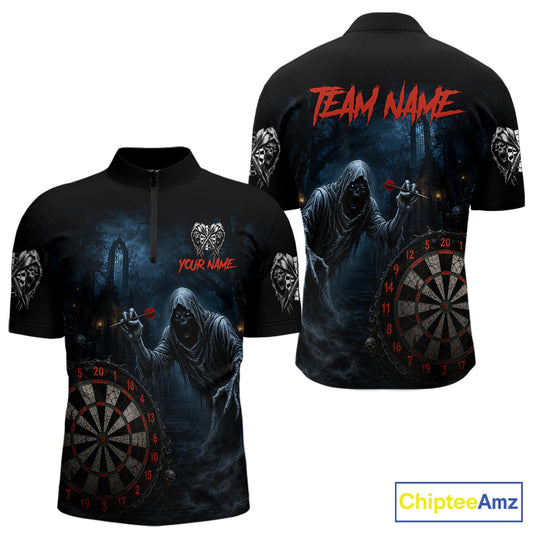Custom Red Dart Polo Shirt for Men Grim Reaper Throwing Darts Dark Gothic Dart Jersey DHT51