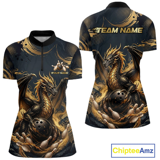Black & Gold Dragon Bowling Jersey for Women Custom Bowling Team Shirt Polo & Quarter-Zip QZT1225