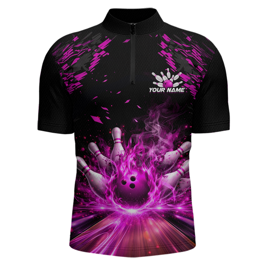 Custom Pink Flame Bowling Team Shirt for Men Polo & 1/4-Zip Bowling Jersey Bowling League Uniform QZT866