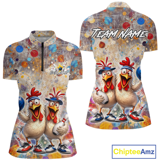 Custom Funny Chicken Bowling Team Shirt for Women Colorful Bowling Buddy Shirt Polo & 1/4 Bowling Outfit QZT955