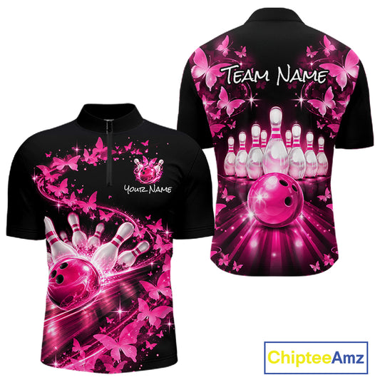 Pink Butterflies Bowling Shirts Custom Bowling Jersey for Men QZT1314