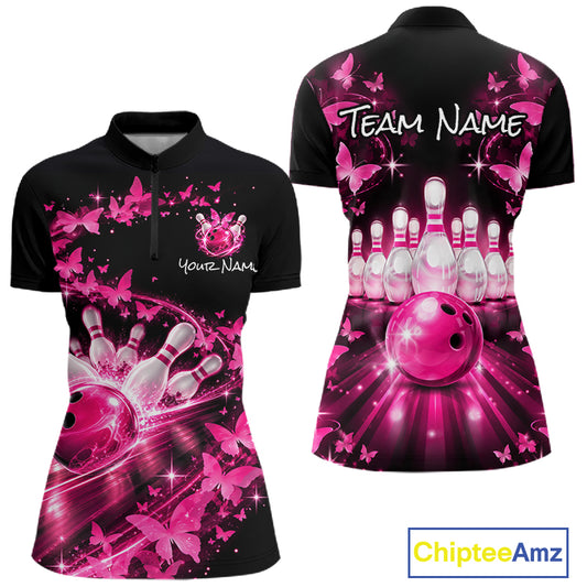 Pink Butterflies Bowling Shirts Custom Bowling Jersey for Women QZT1314