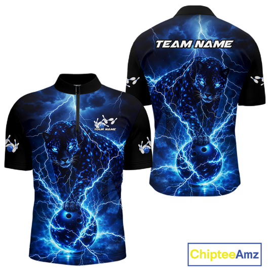 Custom Blue Lightning Thunder Leopard Bowling Shirt Polo & 1/4 Zip Bowling League for Women QZT833