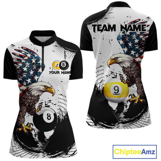 Custom Black & White Billiard Shirt for Women American Flag Eagle Pool Jersey BHT144