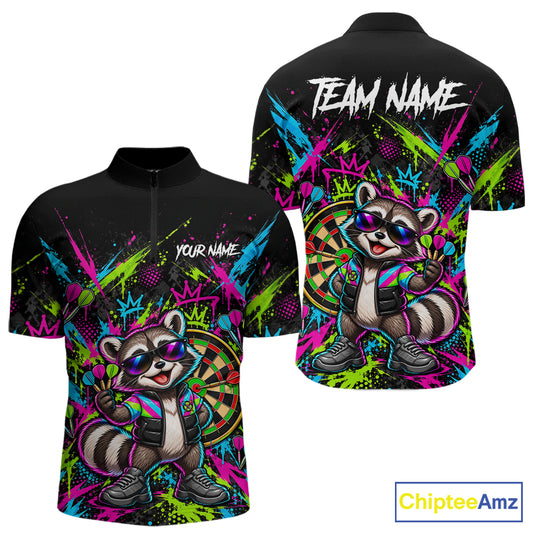 Custom Funny Raccoon Darts Shirt for Men Colorful Dart Team Jersey Polo & Quarter-Zip DHT83