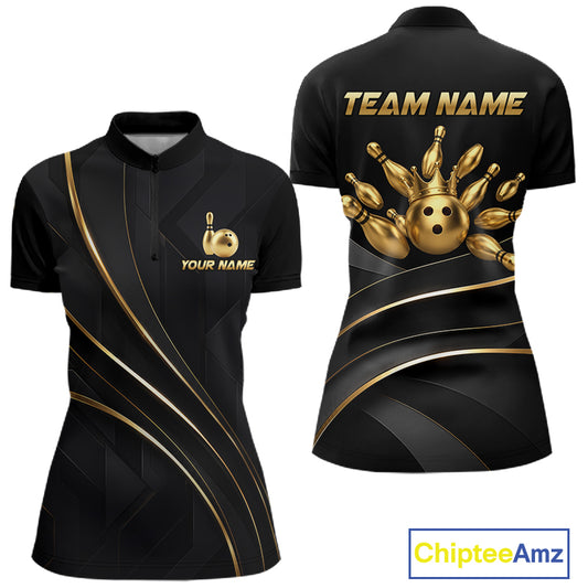Custom Black and Gold Crown Bowling Shirt for Women Bowling Jersey League QZT1266