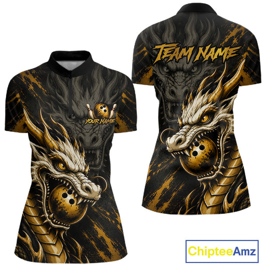 Custom short-sleeve polo shirt shown from the front and back, featuring a large gold and black dragon graphic with a bowling ball motif, a skull-and-crossbones logo, and placeholder text reading TEAM NAME and YOUR NAME.