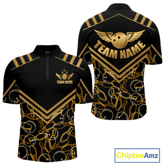Front and back view custom black gold bowling quarter-zip shirt featuring a golden bowling ball with wings, bowling pins and geometric line design, personalized with team name and player name