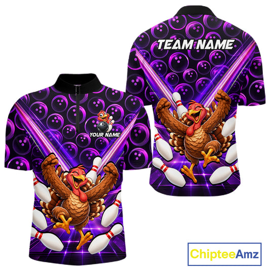 Custom Thanksgiving Bowling Shirt for Men Purple Funny Turkey Bowling Jersey QZT1335