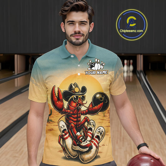 Man wearing a polo shirt with a crawfish design in a bowling alley