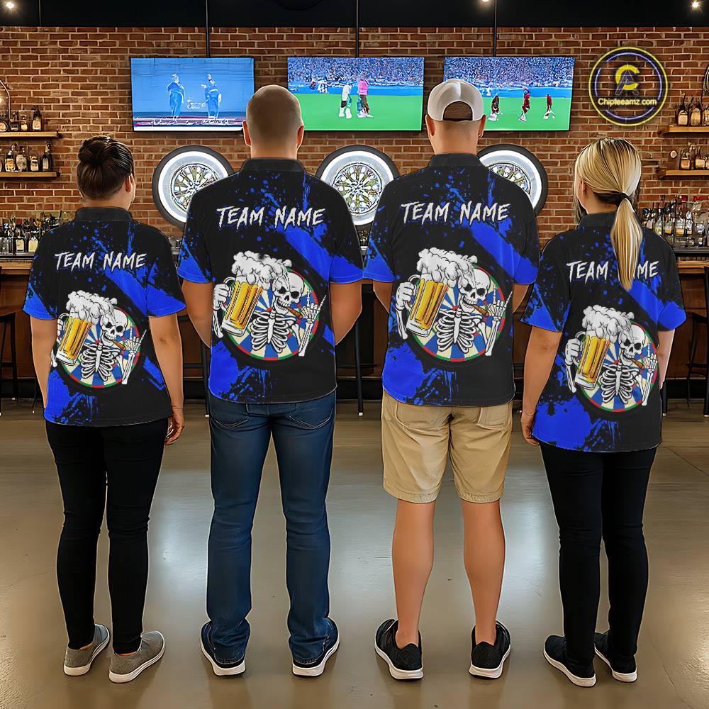 Custom Blue Skeleton Dart Jersey for Team Polo & 1/4 Zip Beer Dartboard Shirts Dart Jerseys Gift for Women DHT3