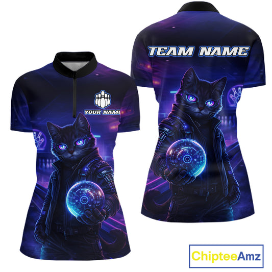 Personalized Neon Cat Bowling Shirt for Women Bowling Team Polo & Quarter-Zip Bowling Outfit QZT884