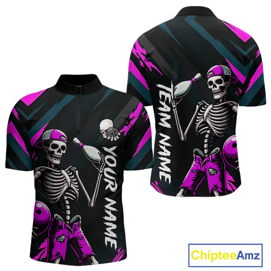 Custom Pink Skull Bowling Team Shirt for Men Polo & 1/4 Zip Bowling League Jersey Bowling Unisex QZT794