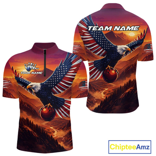 Custom American Eagle Bowling Shirt for Men Sunset Bowling Jersey Patriotic Bowling Outfit QZT975