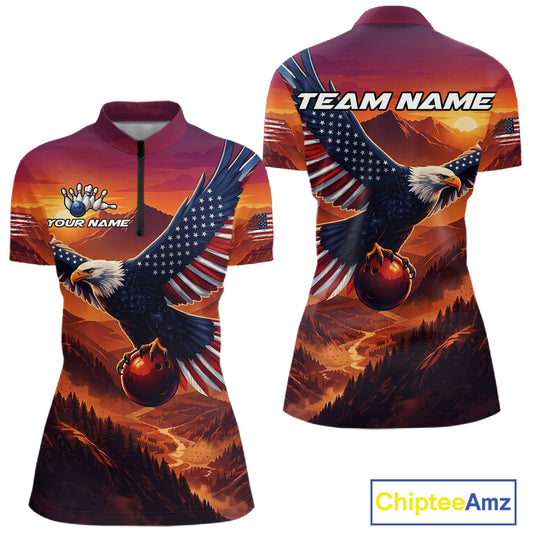 Custom American Eagle Bowling Shirt for Women Sunset Bowling Jersey Patriotic QZT975