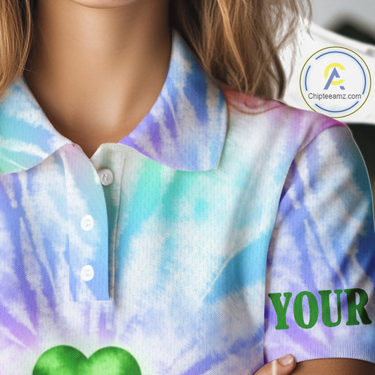 Colorful Pastel Tie Dye Womens Golf Polo Shirt Custom Green Clover St Patrick Day Golf Tops, Golf Gift NHN0169
