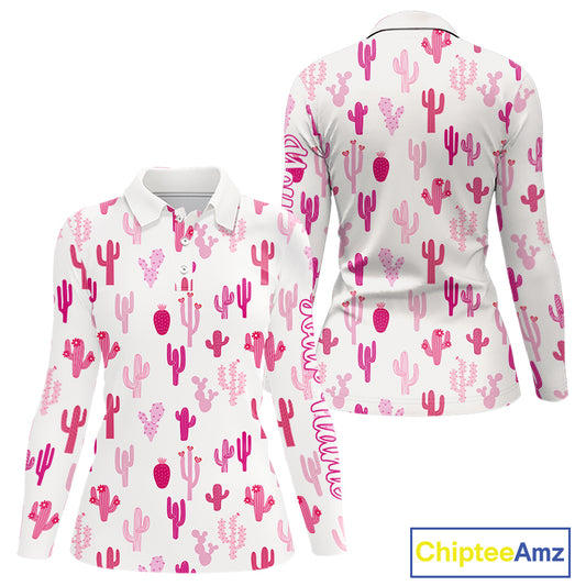Funny Pink Cactus Pattern Womens Long Sleeve Golf Polo Shirts Custom Cactus Ladies Golf Attire NHN0185