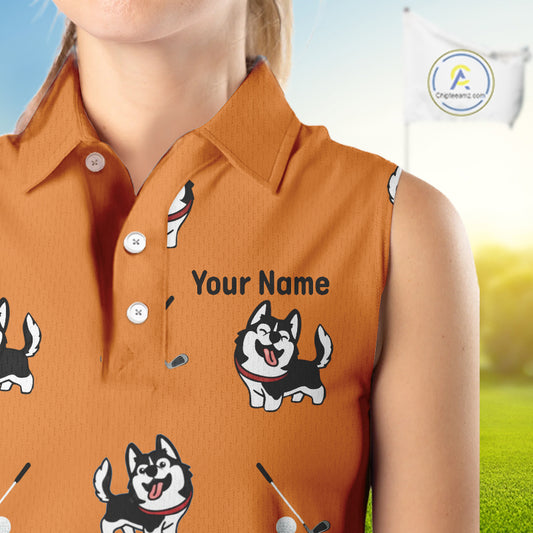 Womens Sleeveless Golf Polo Shirt Custom Funny Husky Orange Pattern Team Ladies Golf Tops, Dog Lover Gift NHN0065