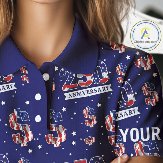 USA 250th Anniversary Womens Golf Polo Shirt Custom Patriotic American Flag Independence Team Golf Top NHN0235