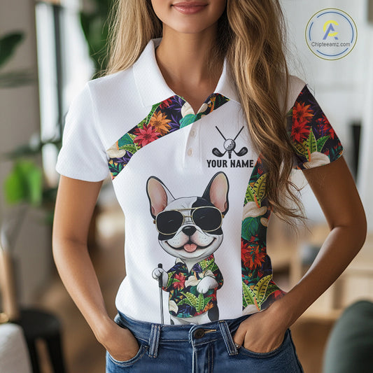 Funny Womens Golf Polo Shirt Custom Tropical Leaf Pattern Personalized Bulldog Golf Shirts For Women NHN0067