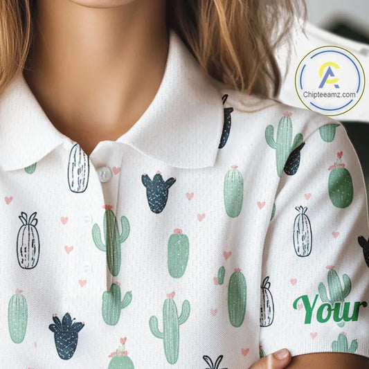 Funny Cactus Flower Pattern Womens Golf Polo Shirts Custom, Cactus Golf Shirt Personalized NHN0151