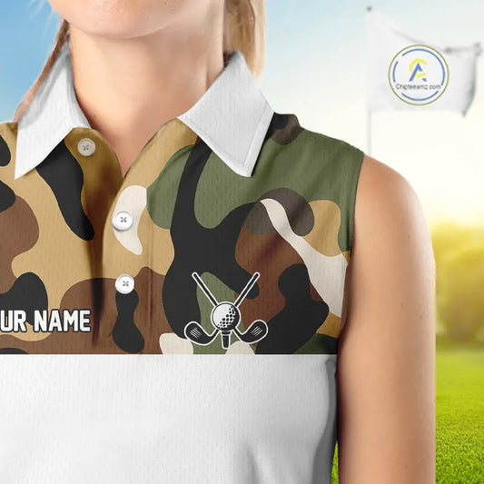 Funny Womens Sleeveless Golf Polo Shirt Custom Cowboy Golf Ball Camo Pattern Golf Outfits, Golf Gifts NHN0103