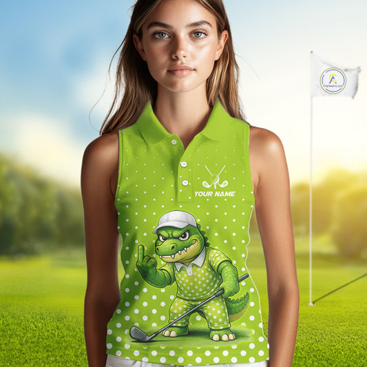Funny Alligator Womens Sleeveless Golf Polo Shirt Custom Name Green Ladies Golf Apparel Funny Golf Gifts NHN0104