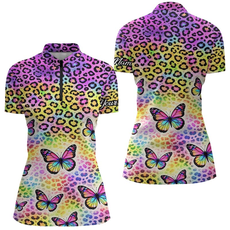 Women Golf Polo, Quarter Zip Shirts Colorful Rainbow Leopard Print Custom Butterfly Team Ladies Golf Tops NHN0180