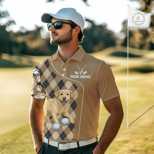 Funny Golden Retriever Mens Golf Polo Shirt Custom Argyle Plaid Pattern Team Golf Tops, Dog Lover Gift NHN0197