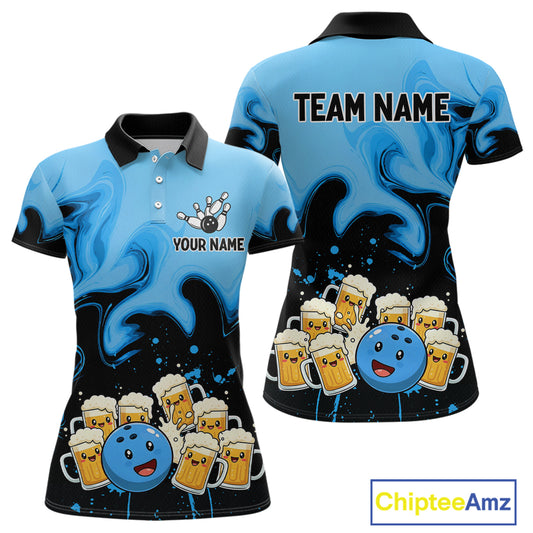 Funny Beer Bowling Shirts Blue for Women Men Bowling Polo&1/4 Zip Bowling League MBL252