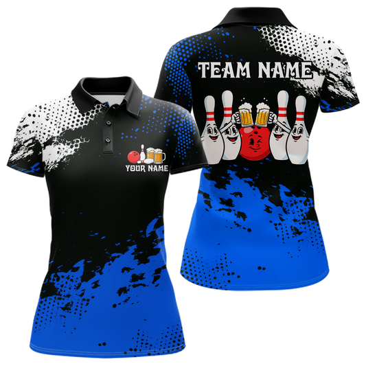 Blue Funny Beer Bowling Shirts for Team Women Men Bowling Polo&1/4 Zip Bowl League MBL254