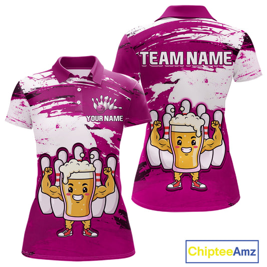 Pink Funny Beer Bowling Shirts for Women Men Team Bowling Polo&1/4 Zip Bowl League MBL253