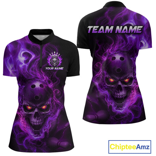 Front and back views of a black bowling quarter zip shirt featuring a flaming skull with glowing orange eyes, purple smoke effects, and custom “TEAM NAME” and “YOUR NAME” text.