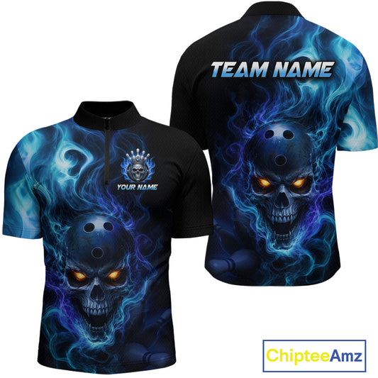 Front and back views of a black bowling quarter zip shirt featuring a flaming skull with glowing orange eyes, blue smoke effects, and custom “TEAM NAME” and “YOUR NAME” text.