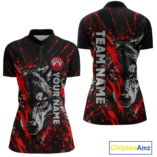 Custom Black Red Wolf Bowling Team Shirts for Women Bowling League Shirts Polo & 1/4 Zip HNT636