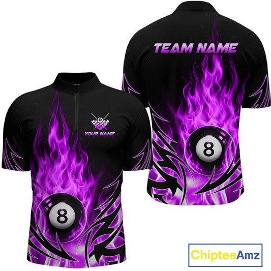 Purple Flame Mens Billiard 8 Ball Polo & Quarter Zip Shirts Custom Billiard Shirts For Team NNT321