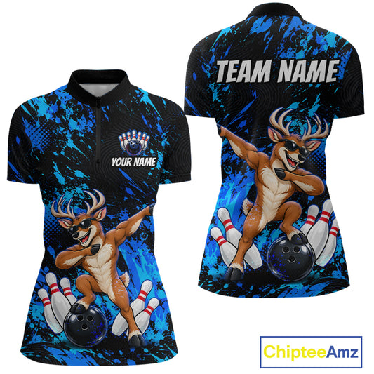 Custom Blue Funny Deer Bowling Team Jerseys Bowling Shirts for Women Polo & 1/4 Zipper HNT573