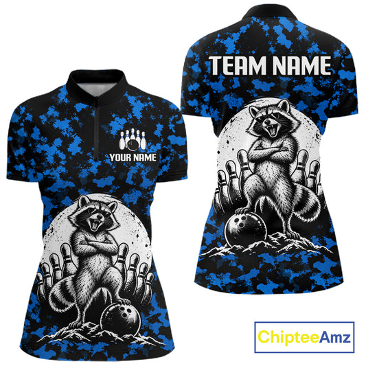 Custom Blue Camo Funny Raccoon Bowling Team Shirts for Women Bowling League Polo & 1/4 Zip HNT639