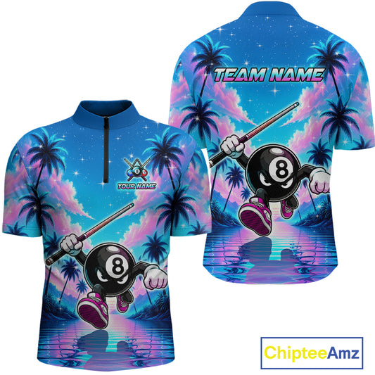 Front and back view personalized billiards quarter zip shirt with an eight ball character moving through a tropical scene with palm trees and sunset reflections.